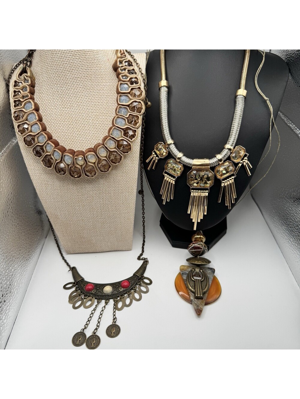 Lot of 4 Statement Necklaces Vintage Boho Egyptian Revival Tribal Lucite Fringe